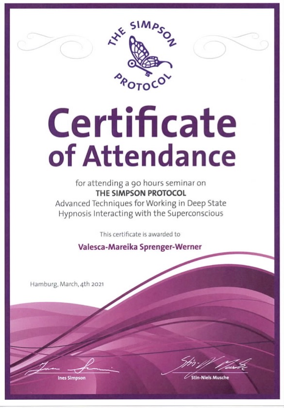 Über uns - Hypnose Detmold - Certificate of Attendance 2
